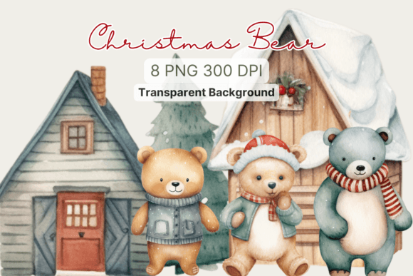 Watercolor Christmas Bear Graphics for Handmade Branding
