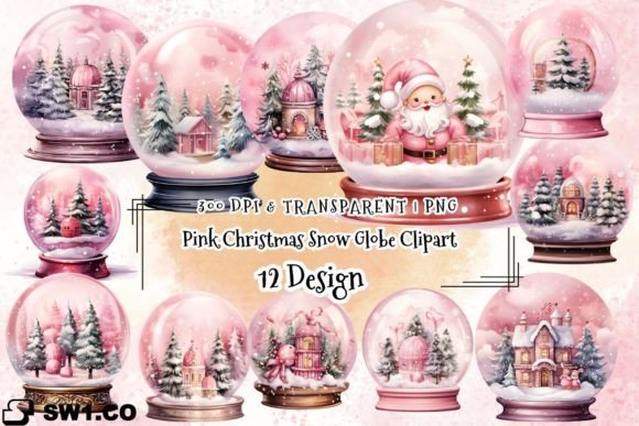 Watercolor Pink Christmas Snow Globe Graphics for Editorial Mood