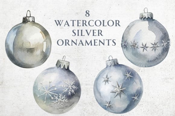 Watercolor Silver Christmas Ornaments Graphics